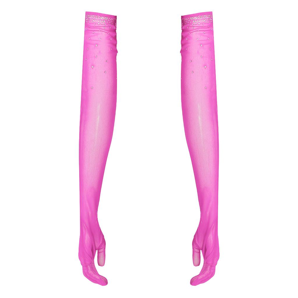 Womens One Pair Mesh Dance Gloves Glittery Rhinestones Five Finger Full Length Gloves Performance Accessory