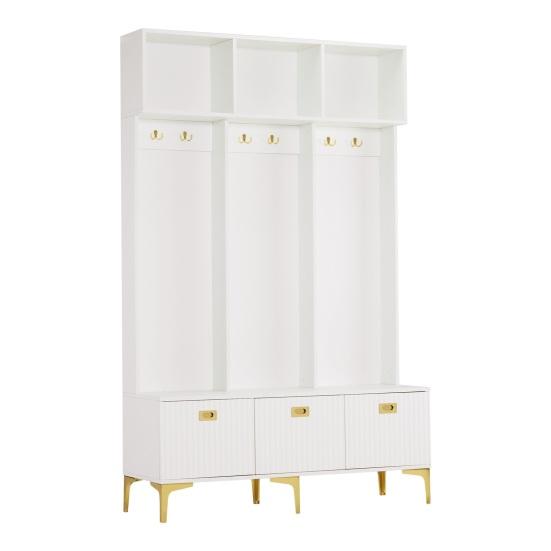 Wardrobe Closet Set with Bench Multifunctional Storage Open Storage 6 Cabinet Golden Hooks And Feet Suitable for Hallway Living Room White Tall
