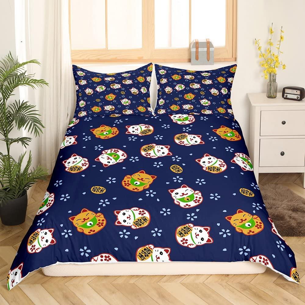 Maneki Duvet Cover SetJapanese Lucky Cat Duvet Cover Neko Gold Coin Japanese Style Cute Bedding Set Cat Comforter Cover 2/3pcs