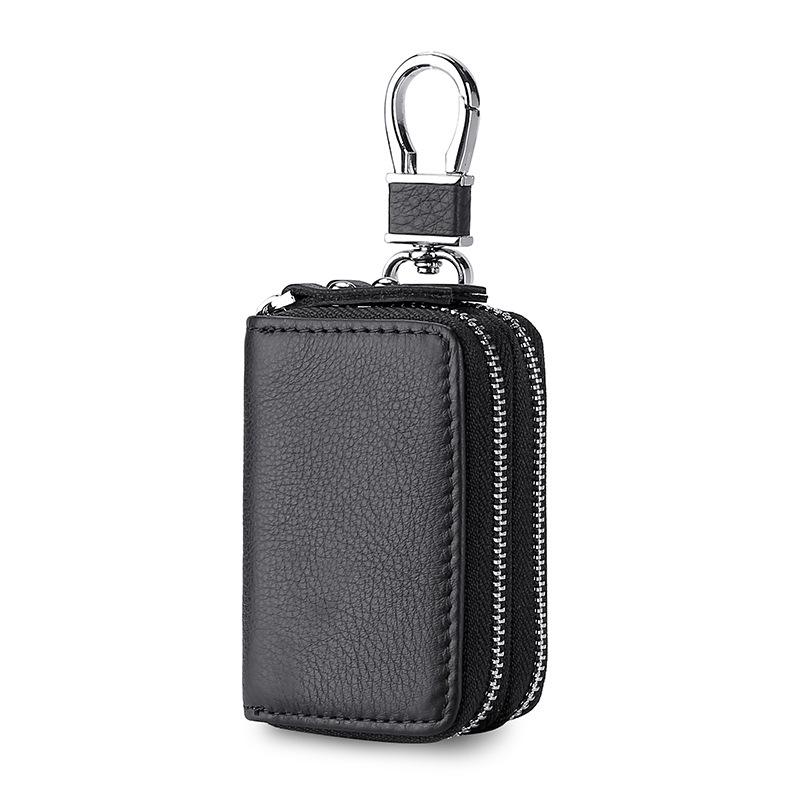 Genuine Leather Double Zipper Car Key Bag with Waist Hanging Key Chain for Men