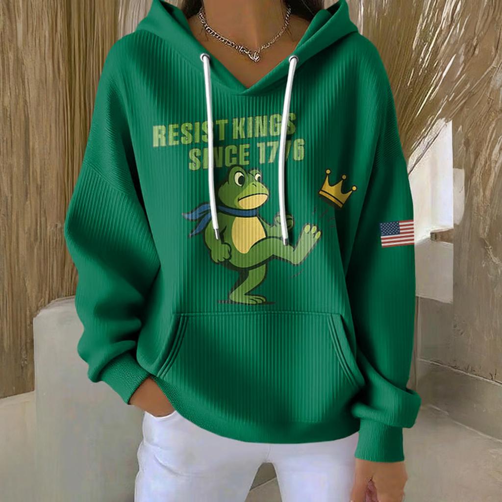 Женское свободное и удобное худи с принтом, V-образным вырезом и длинными рукавами на кулиске