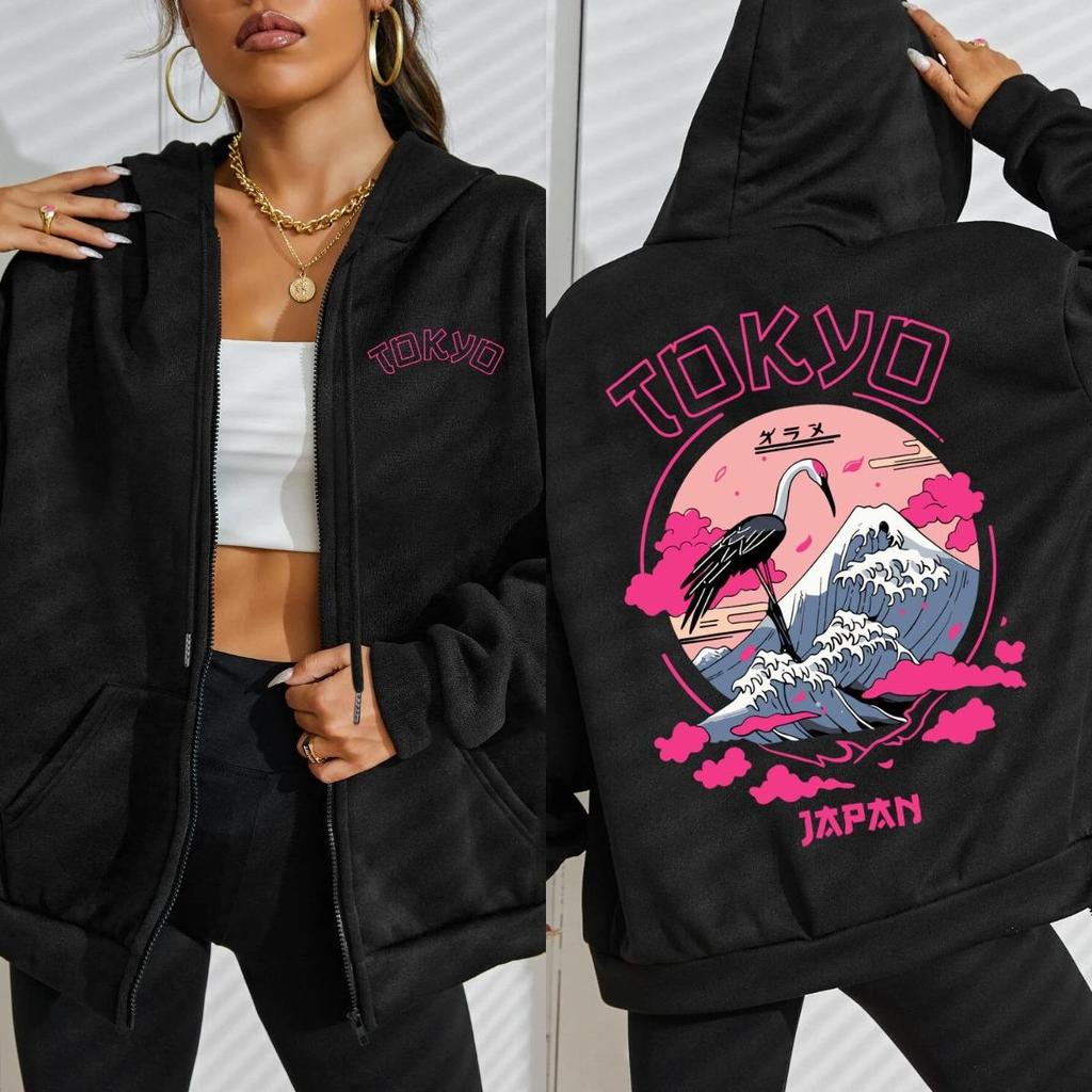 Tokyo Japan Crane Waves Design Zipper Hoody Women Harajuku Loose Streetwear Fleece Soft Hoodie Autumn Female Clothes