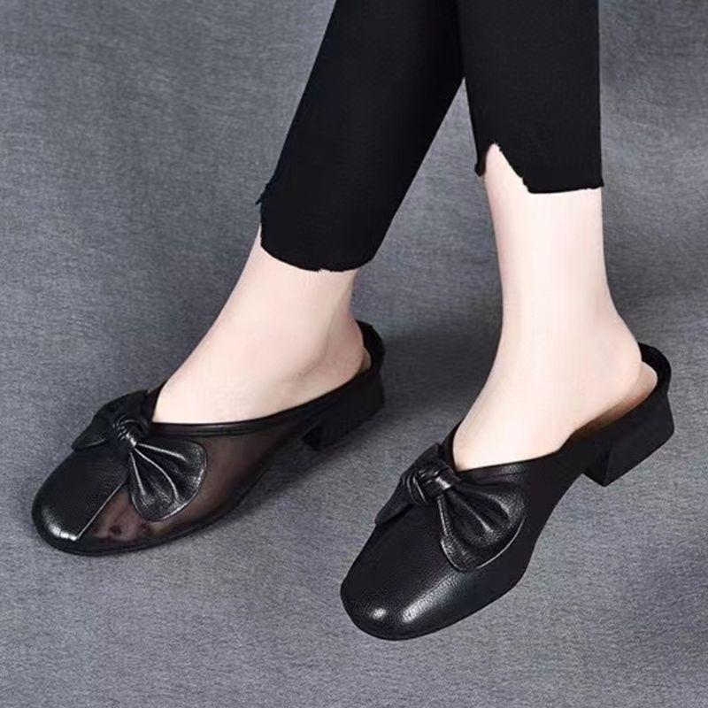 Low Heel Woman Slippers Soft With Bow Slides Mesh Shoes for Women Elegant and Fashionable Sandals On Promotion Easy Wears Shoe