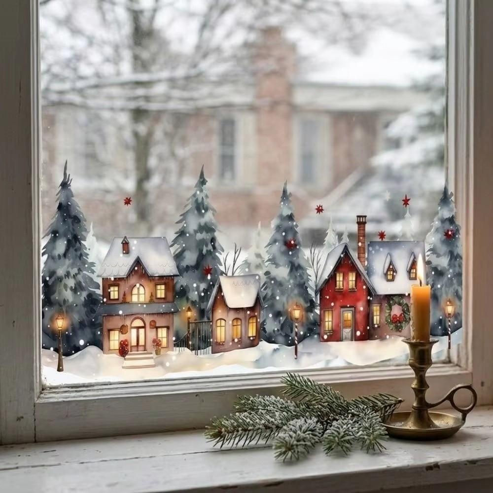 Waterproof Christmas Window Clings Static Adhesive Snowy Village Stickers Winter Home Decor