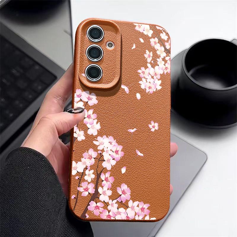 Розовые Цветы Персика Цветочный Чехол Для Samsung S26 S25 S24 Ultra S23 S22 S21 FE A15 A16 A17 A26 A35 A36 A37 A54 A55 A56 A57 5G Чехол с Текстурой Кожи
