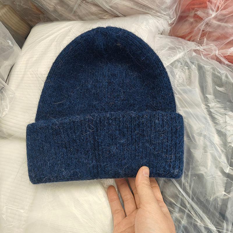White rabbit fur knitted thickened ear protector wool hat for women's autumn and winter big head circumference loose and small face, warm bag head col