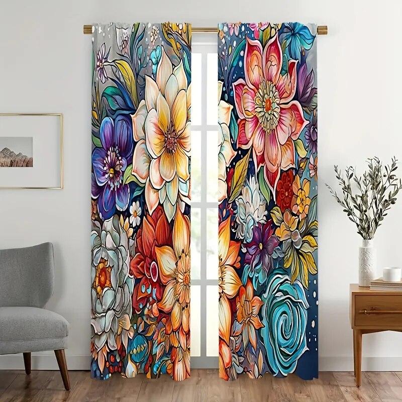 2 панели, красочные цветочные принты, модные шторы в стиле бохо, карманные полузатемненные оконные шторы для гостиной, оконные шторы