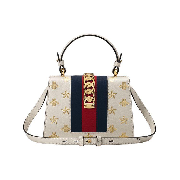 Gucci Sylvie Gold Buckle Bee Star Pattern Striped Web Leather Crossbody Bag Women bags White 470270-DJ2SG-8963