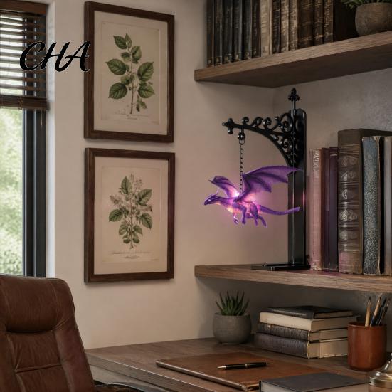 Fantasy Theme Gift Magical Flying Dragon Bookshelf Lamp, Warm Hanging Night Light, Desk Wall Ornament Reading Nook Decor, Unique for Lovers