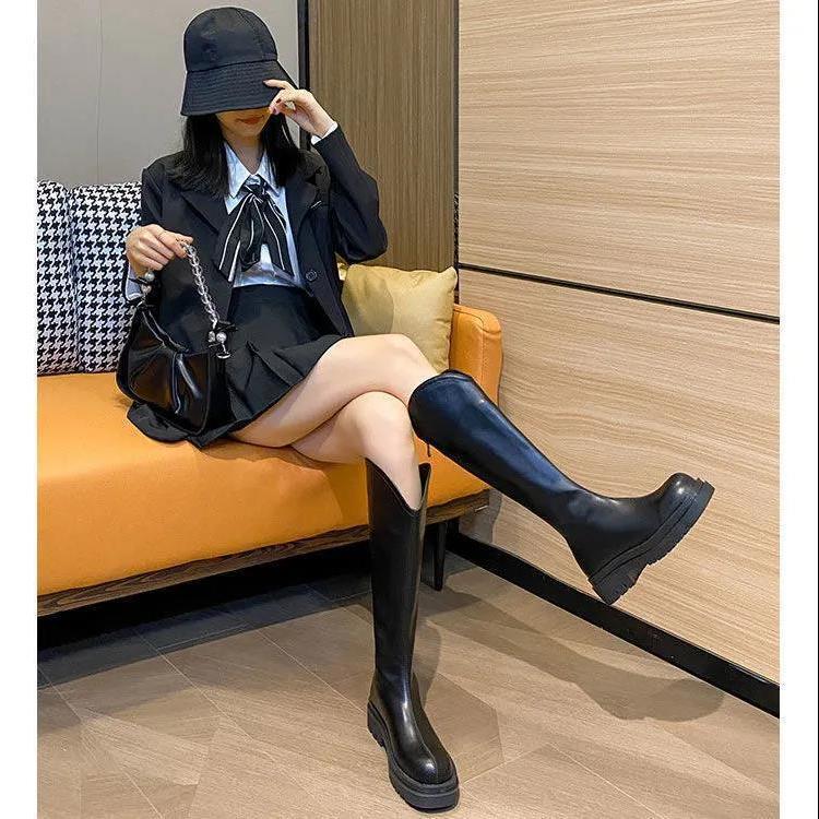 Женские сапоги до колена в британском стиле, рыцарские сапоги для полных ног, с широким голенищем, на толстой подошве, высокие сапоги, стройнящие, большого размера, женские сапоги