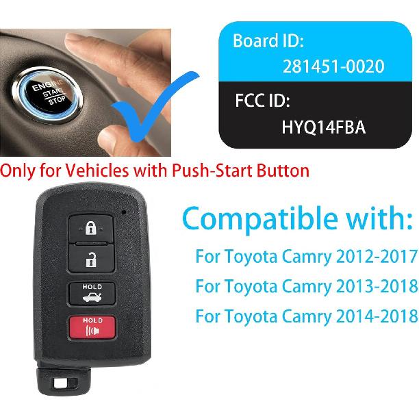 Умный брелок для Toyota Camry 2012-2017, Бесконтактный пульт дистанционного управления Alliskeys, Совместим с Toyota Camry Avalon Corolla 2013-2018 HYQ14FBA