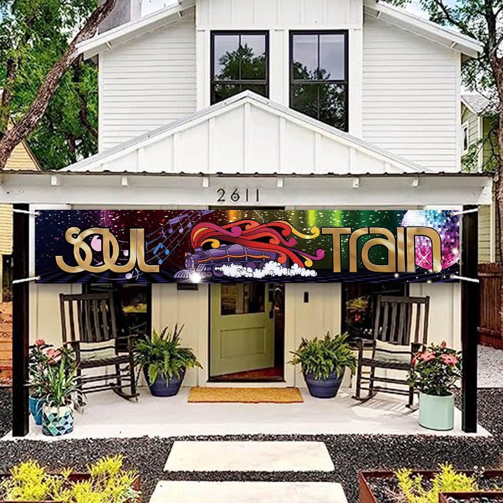 118 x 20 Inches 70s 80s Train Theme Yard Door Banner Sign Disco Party Decoration Banner Neon Light Flash Newborn Baby Show Birthday Party Cake Table