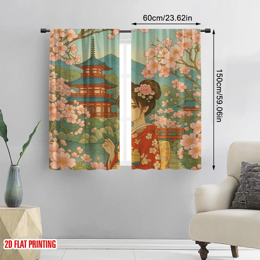 2 шт., 2D принт на ткани для штор, Сакура, Безмятежность, Универсальная полиэстеровая ткань (без стержня) Подарки для жизни