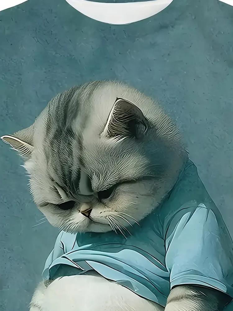 Мужская футболка с забавным принтом Fat Cat, повседневная, с круглым вырезом и коротким рукавом