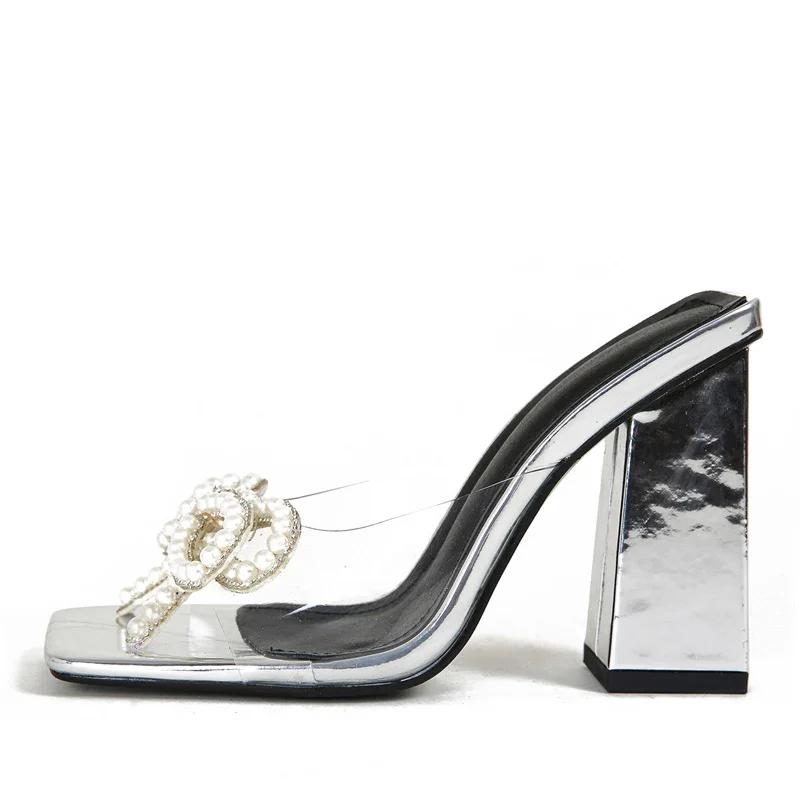 Модные прозрачные тапочки со стразами, женские летние сандалии-гладиаторы на высоком толстом каблуке, сексуальные белые туфли с бантом и квадратным носком для выпускного вечера