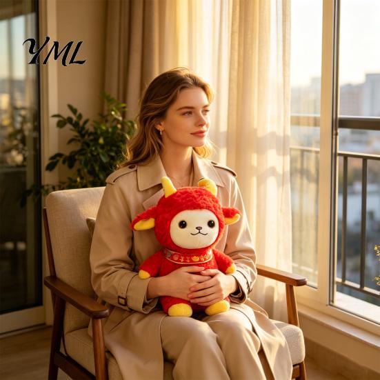 Festive Red Stuffed Animal Chinese Zodiac Sheep Plush Mascot, 2027 Lunar New Year Traditional Lucky Gift Toy, Decor for Home Car, Giving Hanging