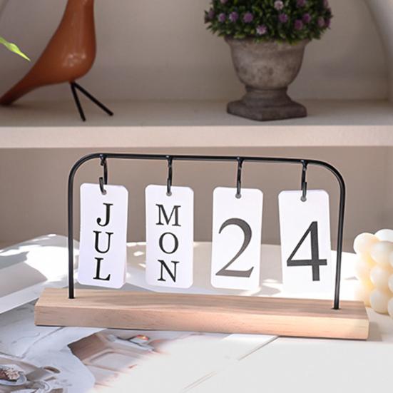 Metal Flip Calendar with Wooden Base Daily Perpetual Desk Calendar Turn Page Month Date Display Standing Desktop Planner for Office Home