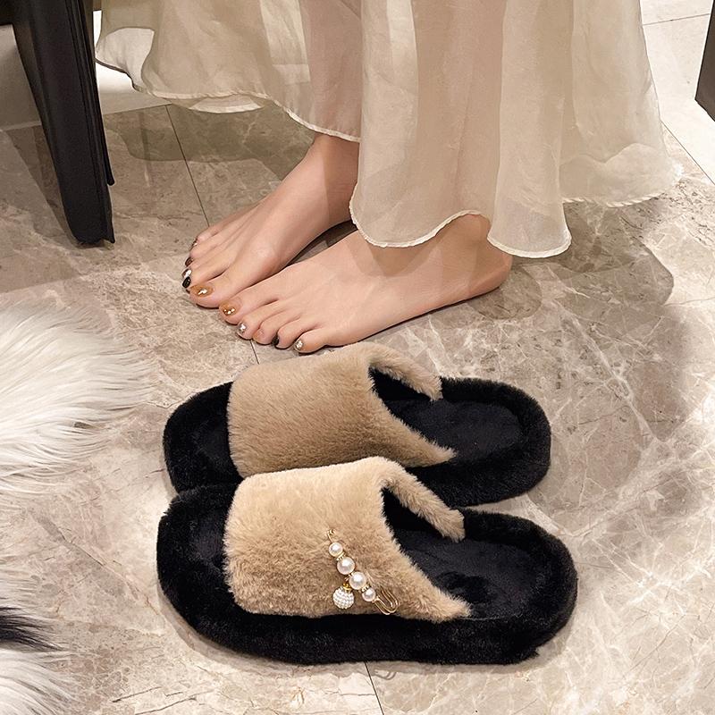 Fashion Aphixta Luxury Pearl Plush Furry Slipper Black Concise Women Indoor Bedroom Slippers Flat Heel Hair Slippers Round Toe Footwear