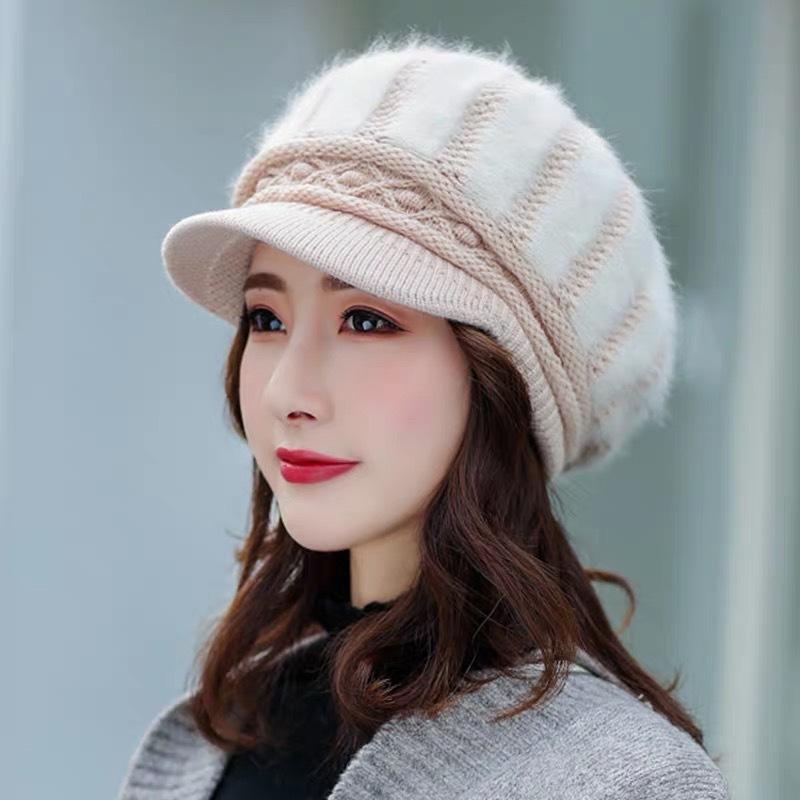 Female Autumn and Winter Casual Rabbit Fur Duck Tongue Beret Winter Cold Warm Knitted Wool Hat