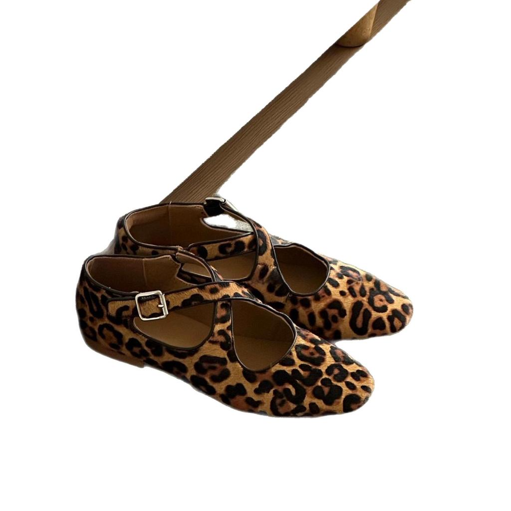 Sheepskin Version~ Genuine Leather Horsehair Niche Soft-sided Ballet Shoes Flat Cross-strap Leopard Print Mary Jane Single Shoes