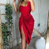 Женские нижние юбки размера плюс, драпированное облегающее платье на тонких бретельках с высоким вырезом на одно плечо, с разрезом по бокам, атласное платье миди, женская одежда