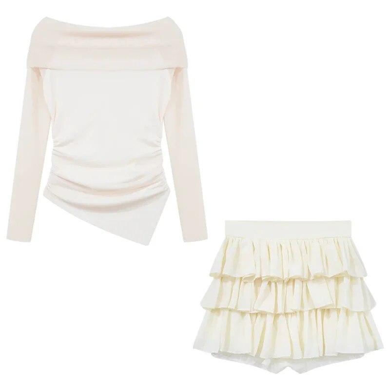 2024 Spring Two Pieces Skirt Set Women Y2k Crop Tops T-shirt + Cake Skirts Japanese Kawaii Fashion Suits Chic Outwear Korean