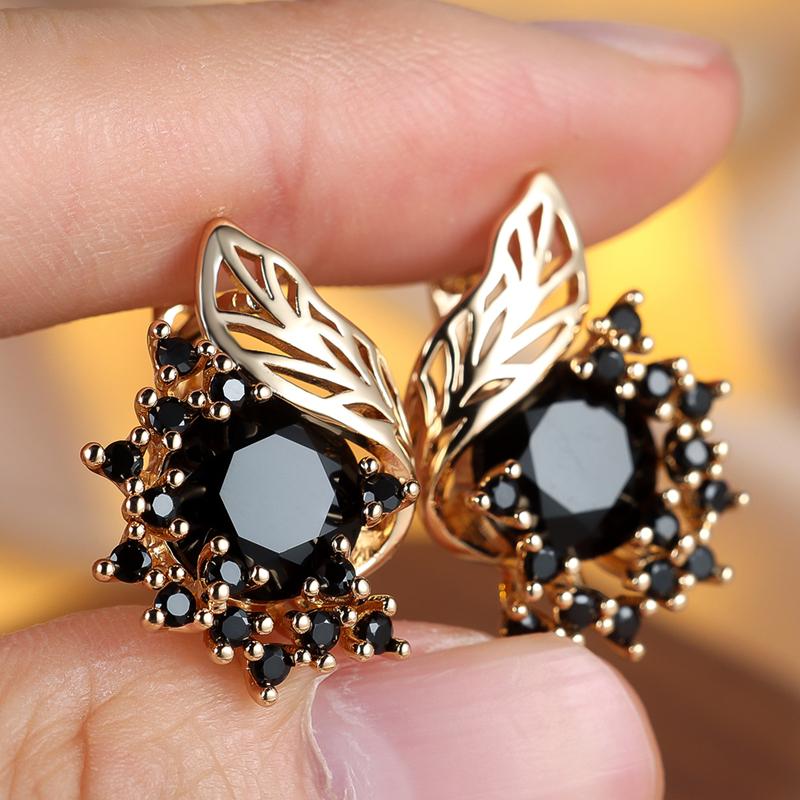 Богемские серьги-кольца с черным цирконием в виде листьев и цветов для женщин, роскошные золотые свадебные украшения