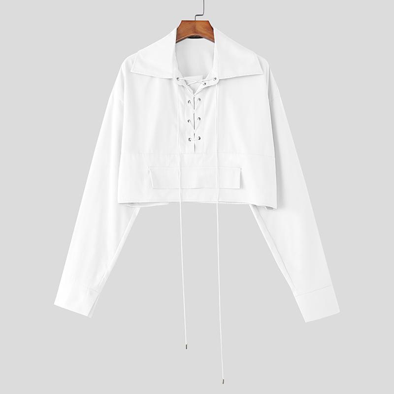 INCERUN Мужские рубашки оверсайз с лацканами, длинными рукавами, бинтами, повседневные, свободные, укороченные