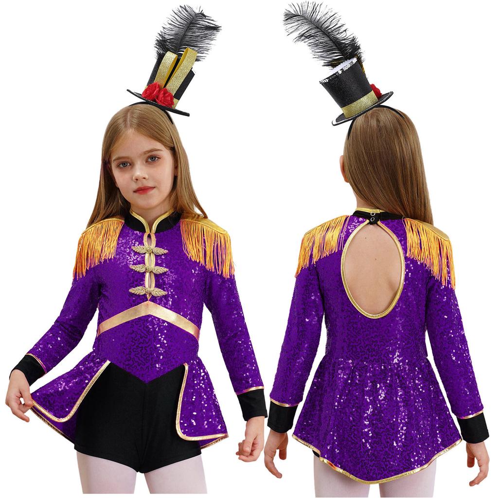 Girls Circus Drummer Costume Long Sleeve Sequined Bodysuit Fringe Epaulet Shoulder Mini Top Hat Accessory