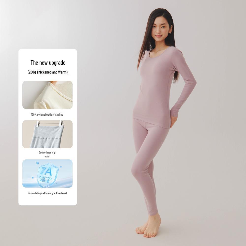 Женский комплект термобелья большого размера из двухсторонней фланели - Чистый хлопок, Толстый базовый слой с круглым вырезом для осени и зимы