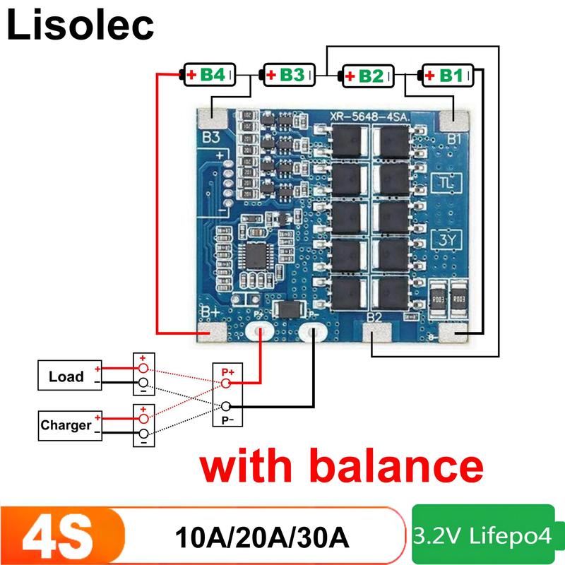 Плата BMS для LiFePO4 4S 12V 10A 20A 30A, плата балансировки для аккумуляторов 18650, защита от заряда/разряда/короткого замыкания/перезаряда для инструментов