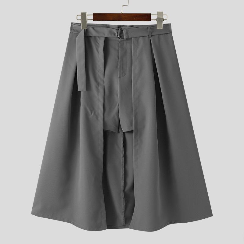 INCERUN Men Solid Color Zipper Up Belted Shorts Skirts Irregular Kilts