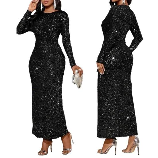 Women's Sequin Bodycon Neck Long Sleeve Maxi Dress Sparkly Crew Mermaid Dress Formal Party