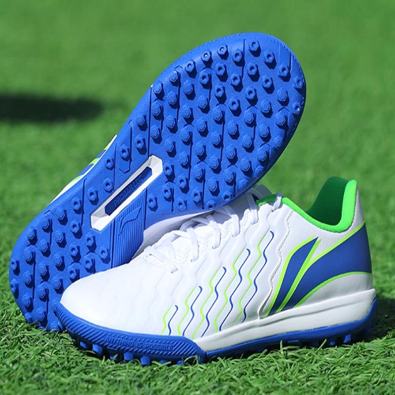 Li Ning Jin Удобный профессиональный TF (Резиновые шипы) Искусственный газон амортизирующие прочные футбольные бутсы мужские футбольные бутсы синие белые YSTU005-1