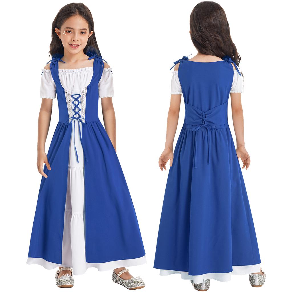 Kids Girls Renaissance Cosplay Medieval Dress Up Costumes Short Sleeve Adjustable Lace-up Gown Dress