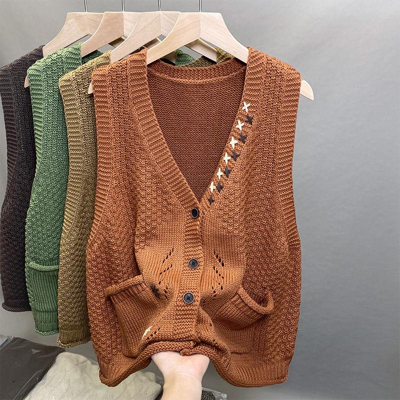 Женский осенний трикотажный жилет с V-образным вырезом, кардиган без рукавов для верхней одежды, кардиган-свитер без рукавов, жилет-пальто