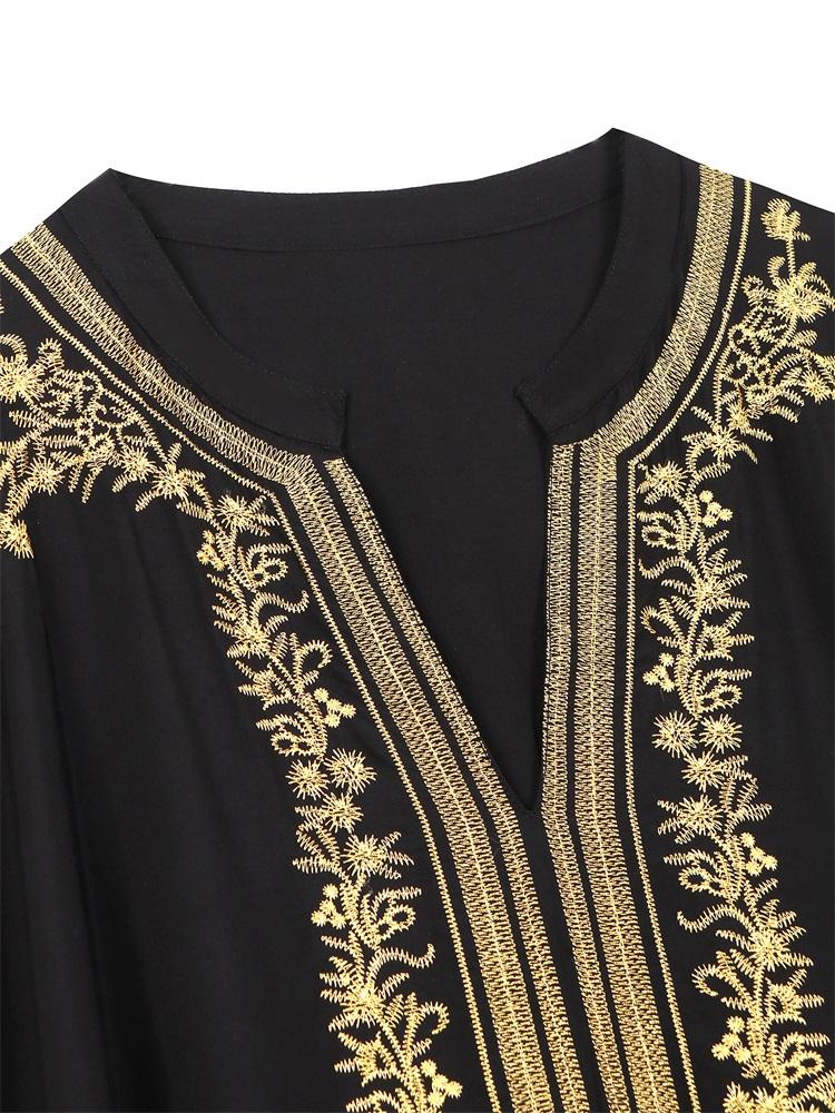 EDOLYNSA 2024 Women's Elegant Premium Gold Thread Embroidery Plus Size Kaftan Dress Summer Sexy Deep V Neck Short Sleeve Beachwear Swimwear Coverups