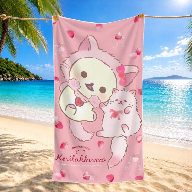 Новейшее пляжное полотенце Розовая клубника Корилаккума Милый кот Мультяшный принт Мягкое микрофибровое пляжное полотенце Полотенце для плавания