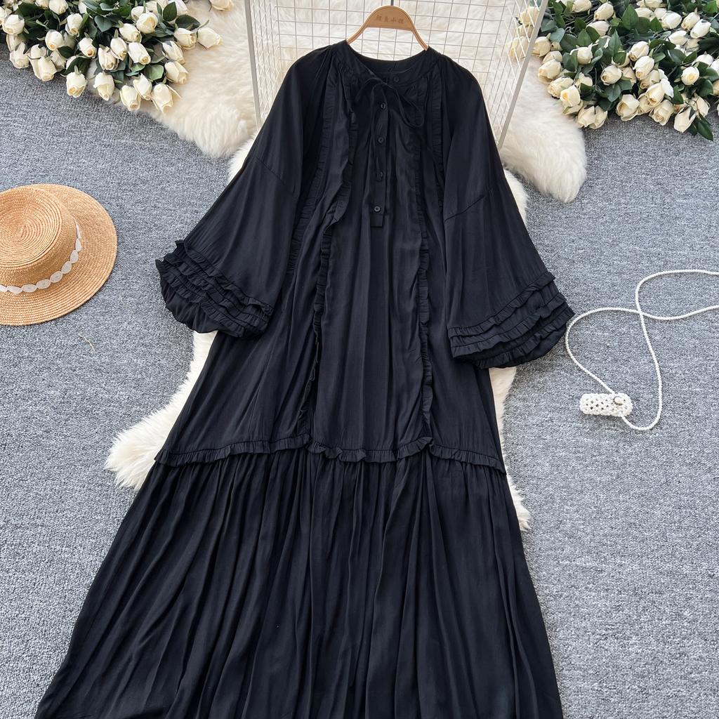 Винтажное однобортное платье с круглым вырезом на шнуровке, модное, с длинными рукавами, элегантное, свободное, с оборками, корейская женская одежда High Street