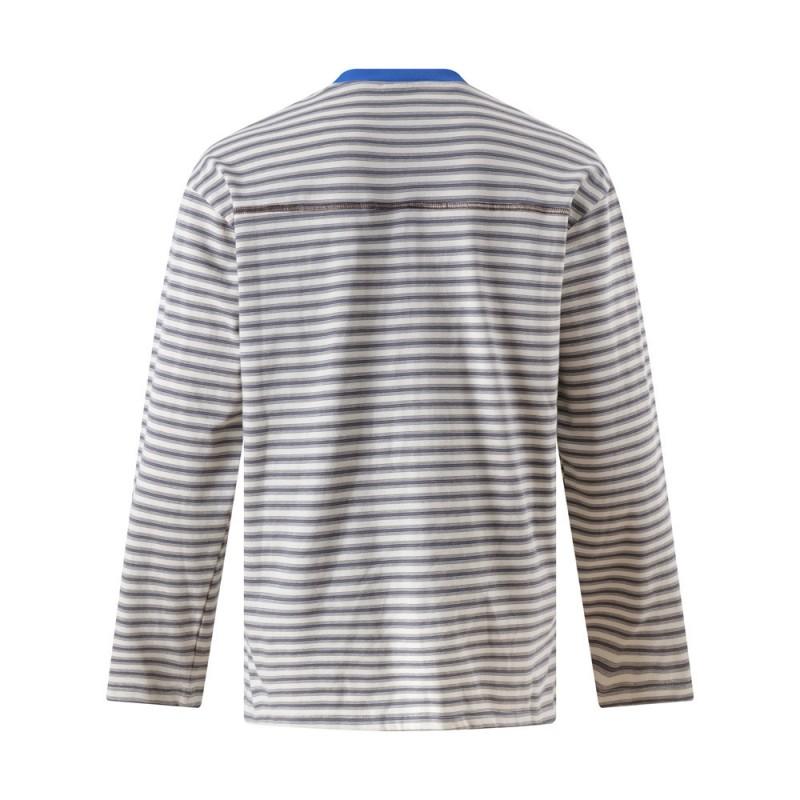 Mens Loose Fit Striped Long Sleeve T-Shirt With Side Slit Casual Round Neck Cotton Tee Streetwear Fall