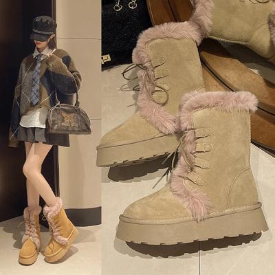 Модные женские зимние сапоги на платформе, зимние теплые плюшевые хлопковые туфли до середины голени, 2025, новые брендовые сапоги на высоком каблуке, модные лодочки «Челси» Mujer
