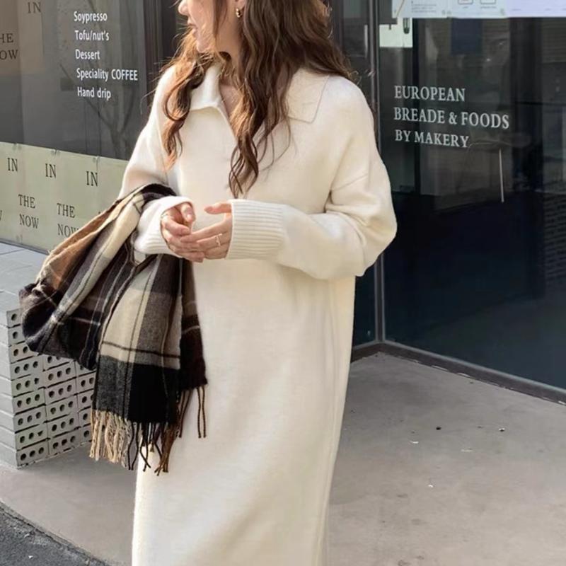 Платье-свитер LYRIA однотонное с воротником поло и высоким воротником, новый осенне-зимний стиль, подходит для пальто, длинное до колена, свободного кроя, толстой вязки.