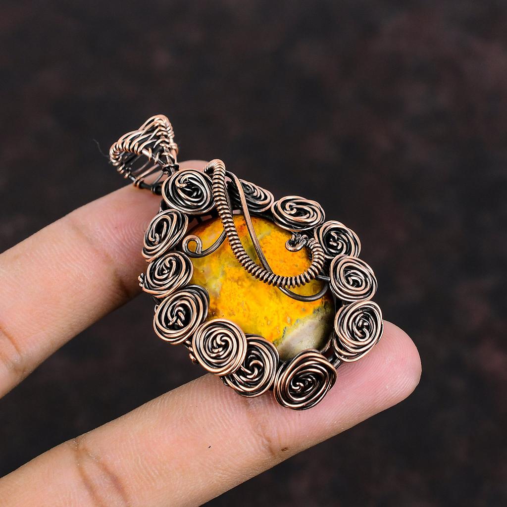 Bumble Bee Jasper Pendant Copper Wire Wrapped Jewelry Handmade Gemstone Pendant Antique Copper Pendant Dainty Wire Wrap Pendant Gift For Mom