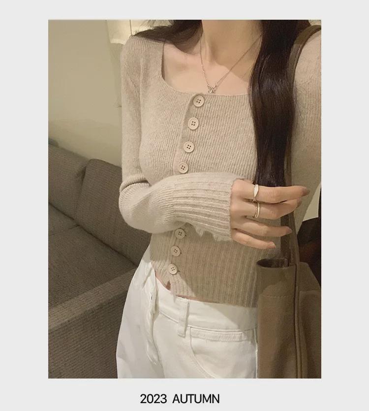 Женский облегающий вязаный кардиган - квадратный воротник, длинный рукав, короткая талия для осени/зимы