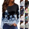 Women's Fashion Casual Slit Hem Round Neck Long Sleeve Loose Printed T-Shirt Ladies Top