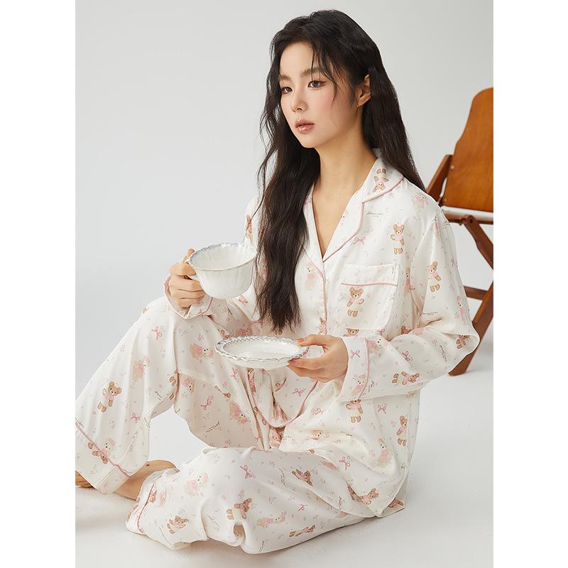 Pajamas women's spring 11 ice silk bow bear pink women's thin loungewear summer one