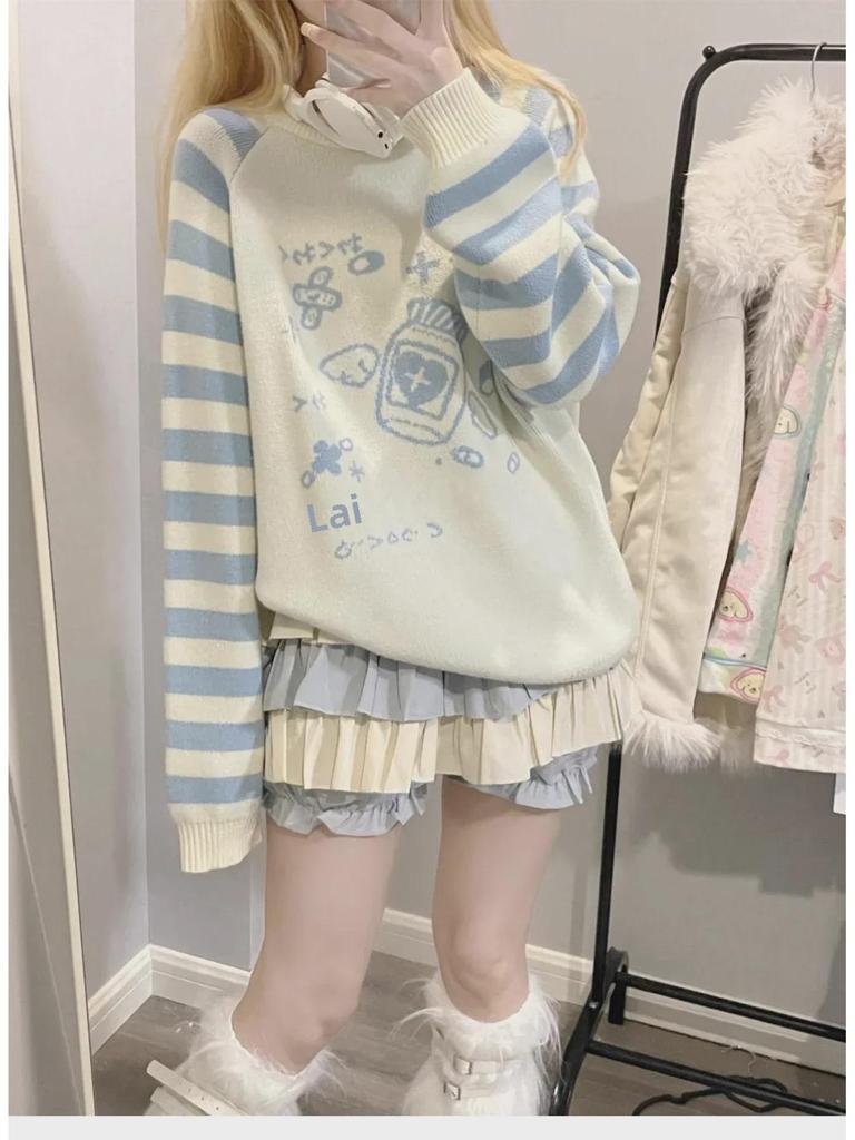 Синий полосатый вязаный свитер Y2K с длинными рукавами - женский осенне-зимний топ с круглым вырезом.