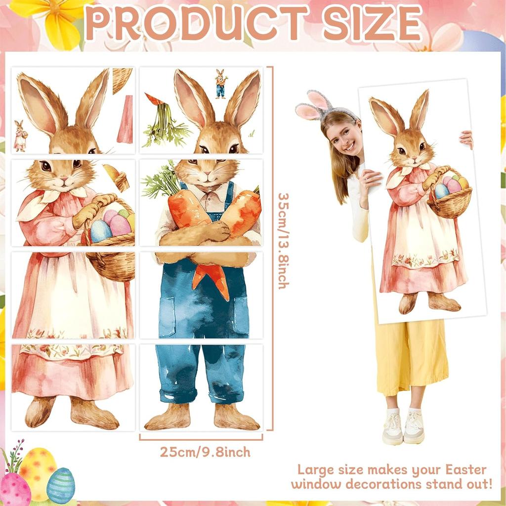 CHUNNIN 2Pcs Extra Large Easter Bunny Window Clings Spring Easter Window Decorations Vintage Easter Window Stickers Farmhouse Rustic Rabbit Carrots