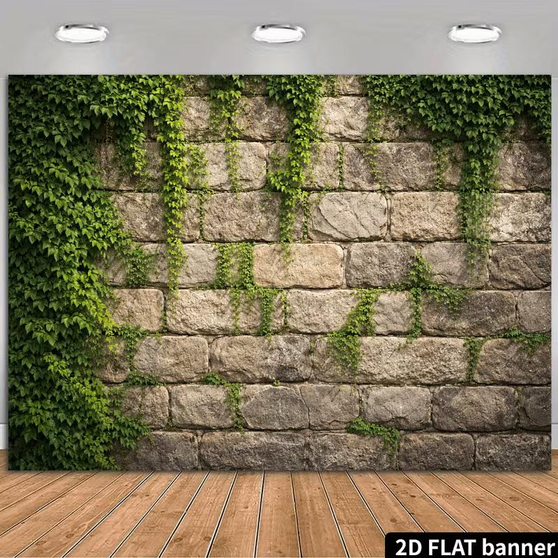 2D Vintage Brick Wall Banner with Climbing Vines Photo Booth Background Cloth