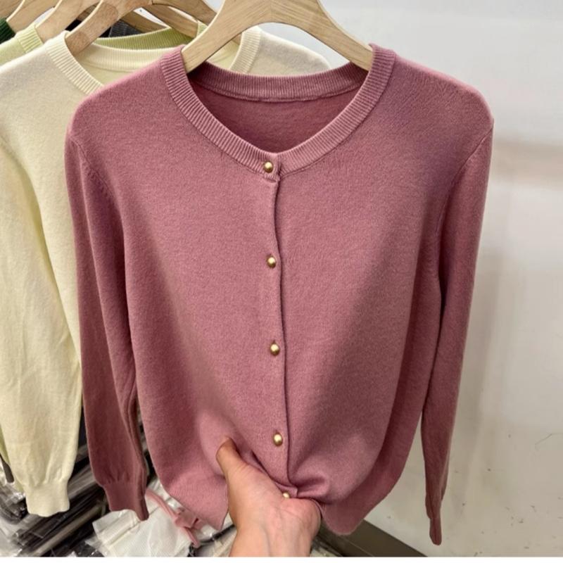 Винтажный круглый вырез свободный длинный рукав вязаный свитер кардиган женские топы осенняя мода верхняя одежда повседневные кардиганы женский однотонный трикотаж куртка 24859
